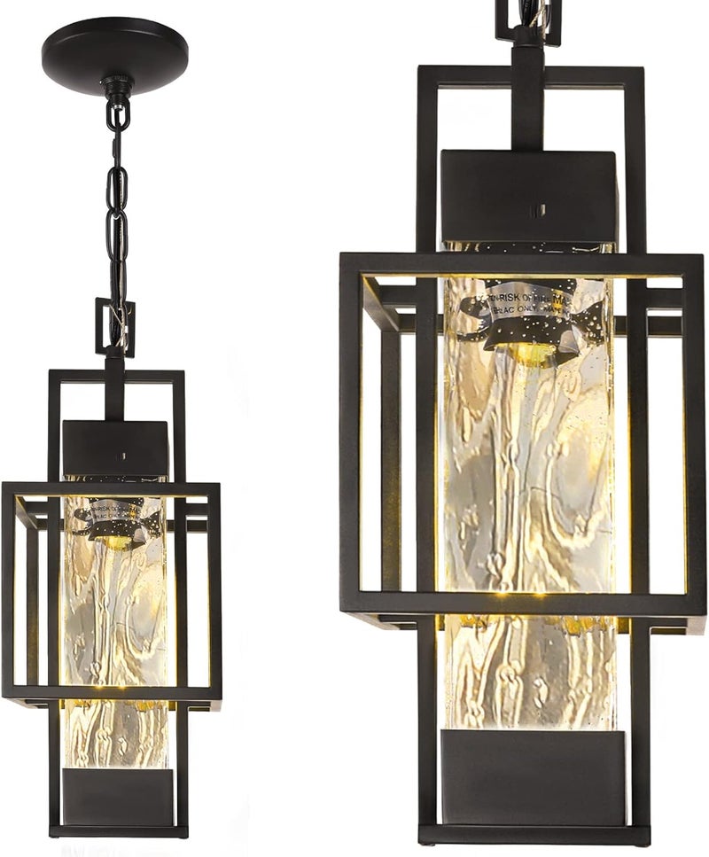 PARTPHONER 15" Outdoor Indoor Pendant Light Exterior Hanging Lantern, Modern Black Metal Outside Chandelier Light Fixture Ceiling Mount with Water Glass for Front Porch Entrance Foyer Entryway (Bulb Included) - Image 1